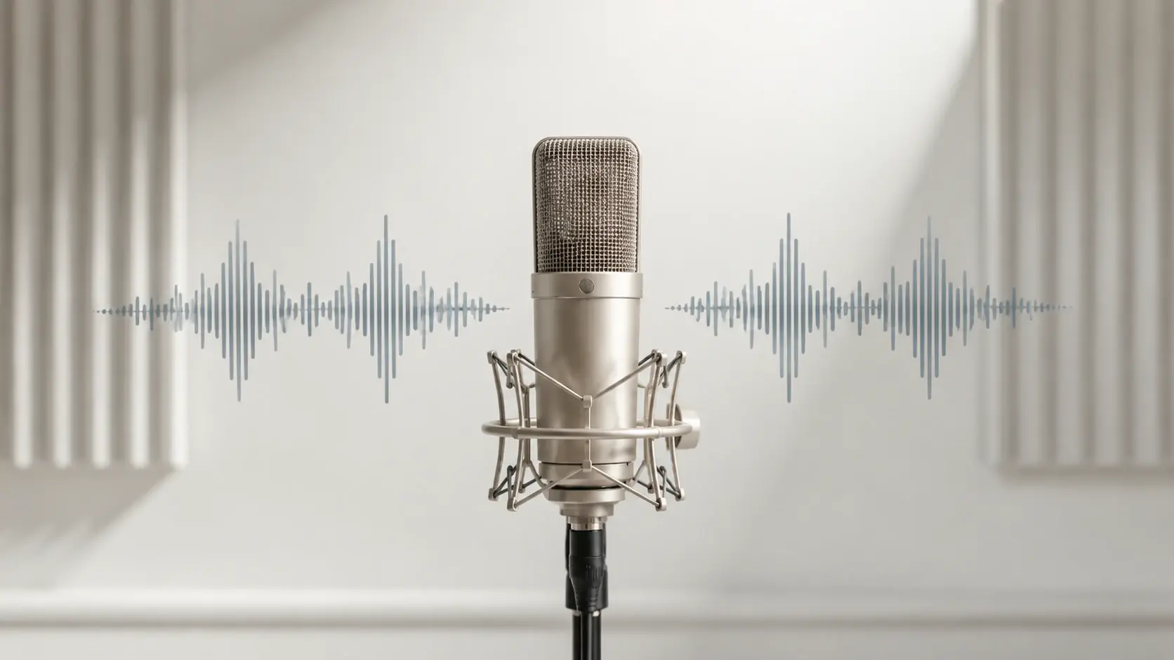 Microphone with mirrored waveforms showing original and cloned voice