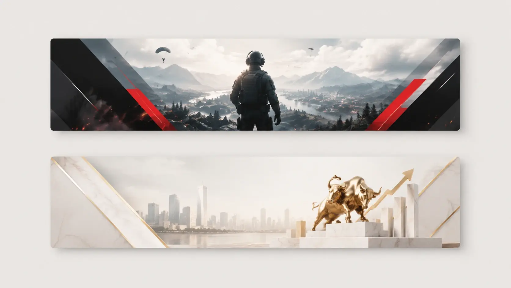 Two very different YouTube banner designs, one gaming and one finance, from written prompts