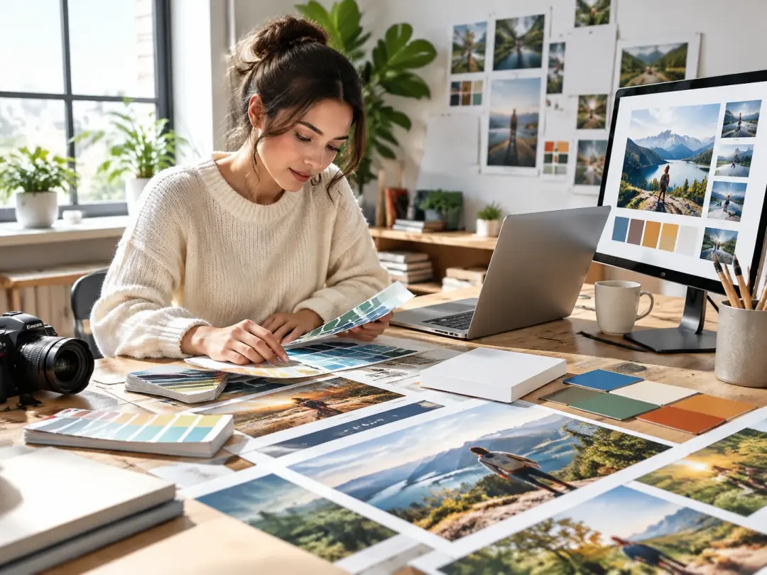 Marketing workspace with product image logo brand colors and edited thumbnail layout