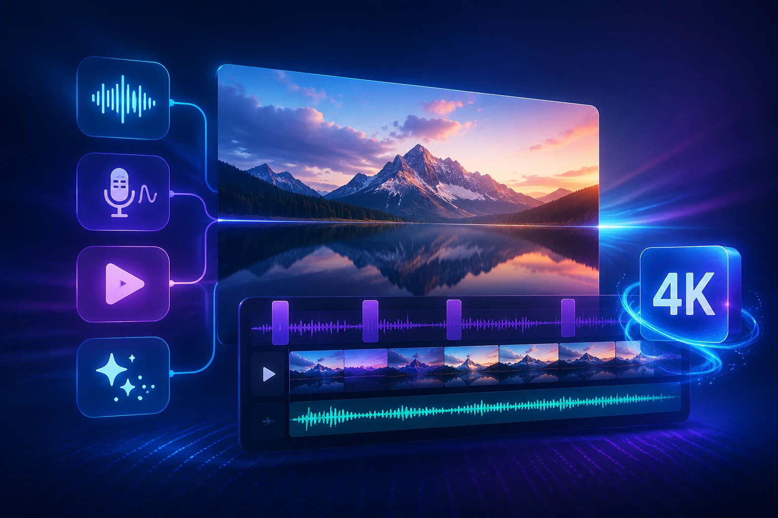 Typed instructions listing silence cuts, voiceover, intro, and denoise with 4K selected